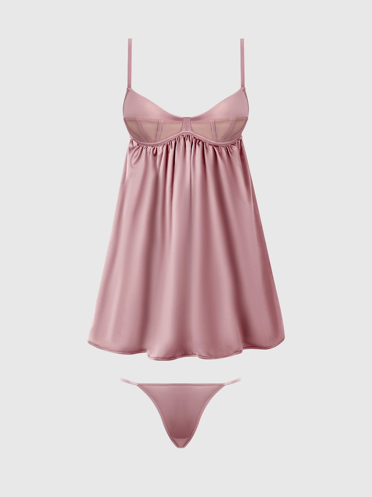 Brigeta Satin & Mesh Corsetted Babydoll & G-String Set