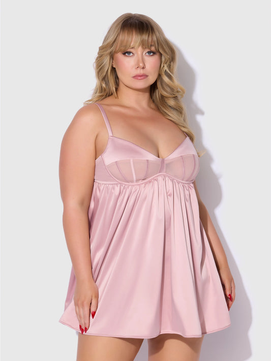 Brigeta Satin & Mesh Corsetted Babydoll & G-String Set