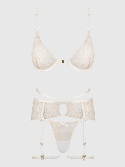 Delilah Embroidered Push Up Bra, Garter & Crotchless Cheeky