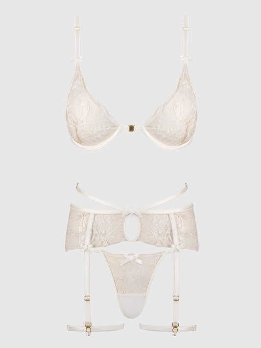 Delilah Embroidered Push Up Bra, Garter & Crotchless Cheeky