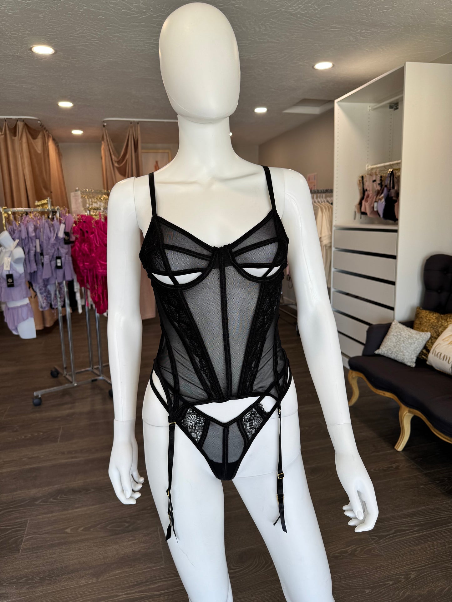 Bonnie Lace & Mesh Bustier and G-String Set